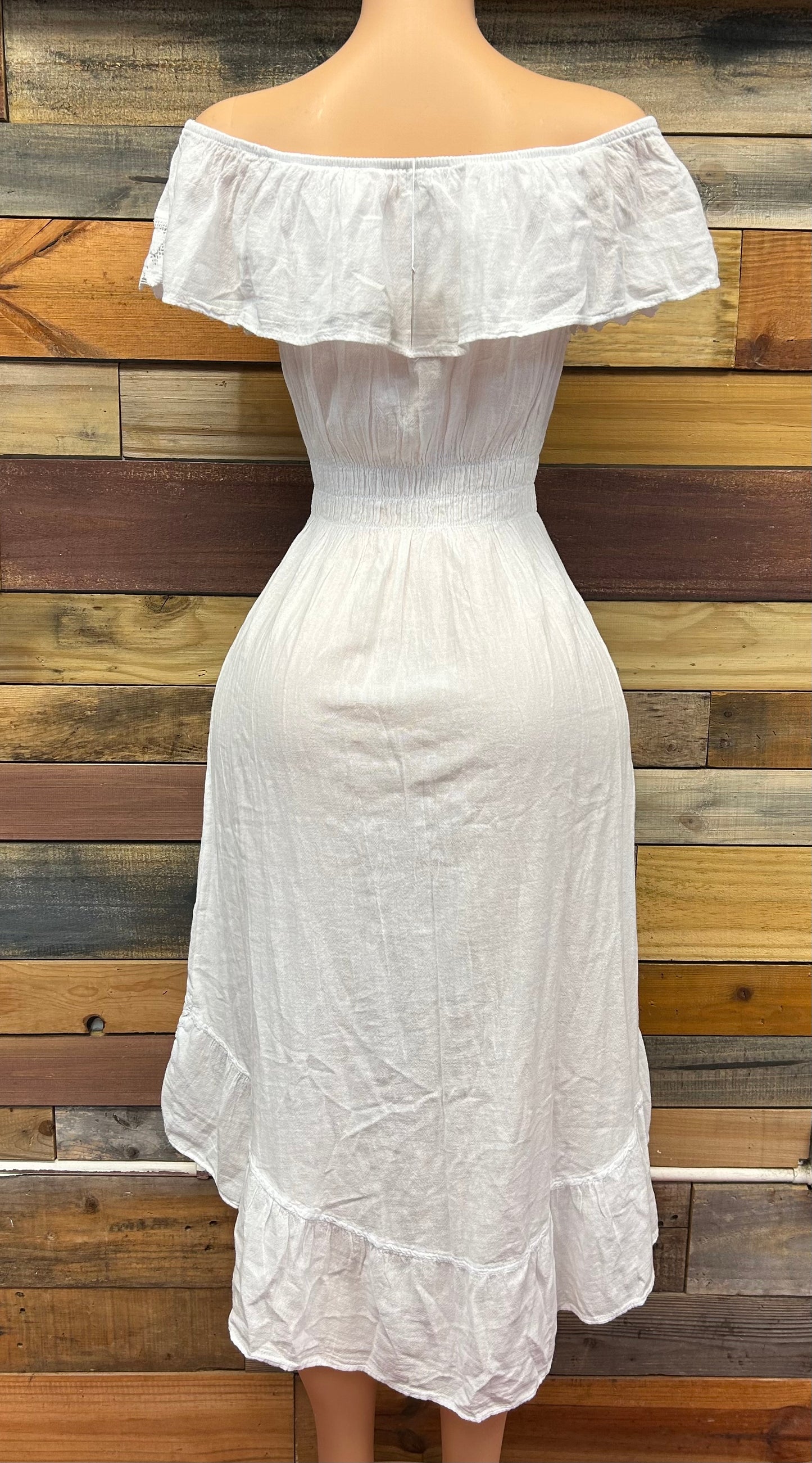 1 - Vestido Blanco Off Shoulder – Asimétrico y 100% Algodón
Estilo #1611