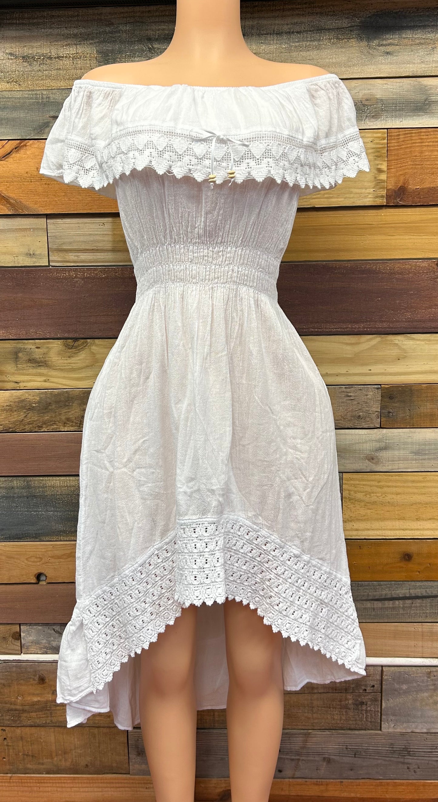 1 - Vestido Blanco Off Shoulder – Asimétrico y 100% Algodón
Estilo #1611